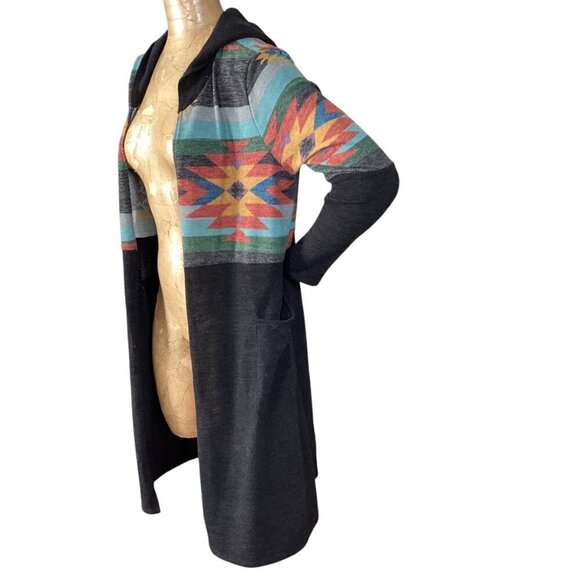 7th Ray Southwestern Aztec Tribal Longline Hooded Duster/Cardigan Pockets L 317A - Picture 4 of 7